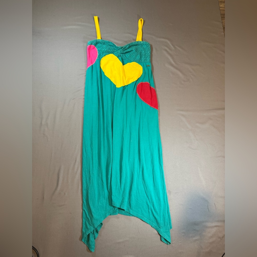 Colorful heart Patch Dress Boho Y2K Festival Asymmetrical Hem S/M